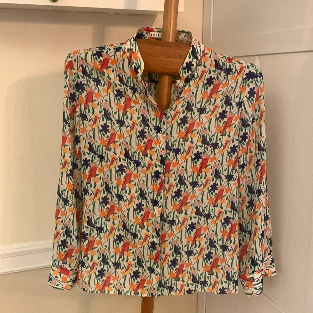 Alice + Olivia Floral Button-Down Shirt in Cream, Orange & Blue
